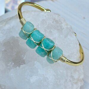 Amazonite Wire Wrap Cuff – 14Kt Gold Over Copper – Tranquility Talisman Handmade